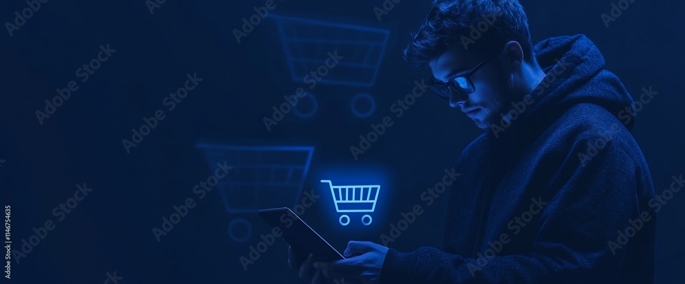 Poster a person using a tablet with shopping carts in a digital environment.