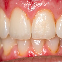A macro view of inflamed gums with visible redness and swelling around the base of the teeth. The image shows slight gum recession and plaque buildup along the gumline