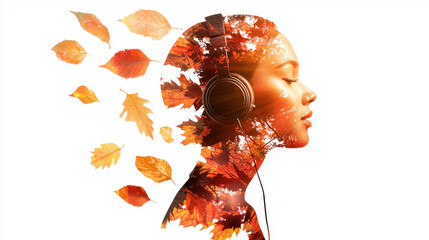 Vibrant double exposure of woman with headphones and autumn leaves