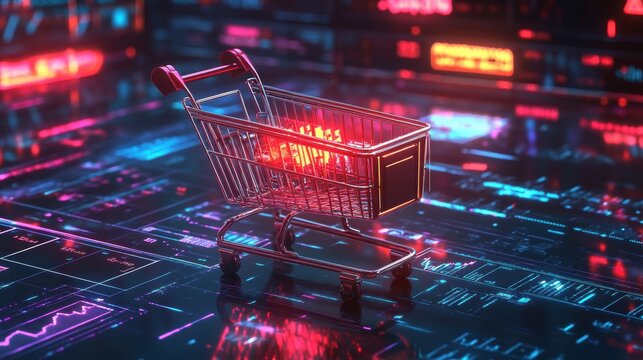 Sale promotion poster design with shopping cart digital future concept.