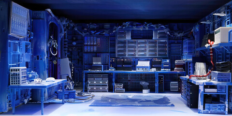 Blue-Toned Model of a Server Room with Frosting