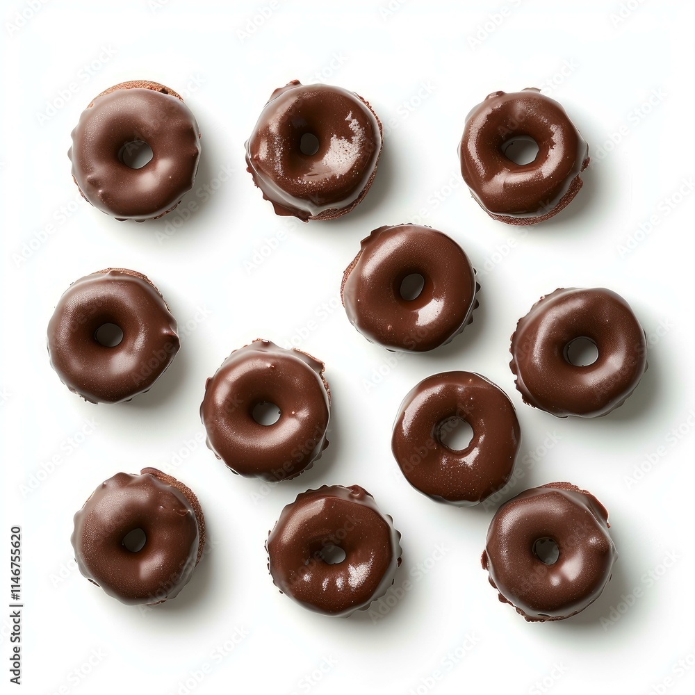 Poster chocolate donuts arranged on a white surface, creating a visually appealing pattern
