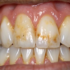 Close-up of front teeth with white and brown streaks caused by dental fluorosis