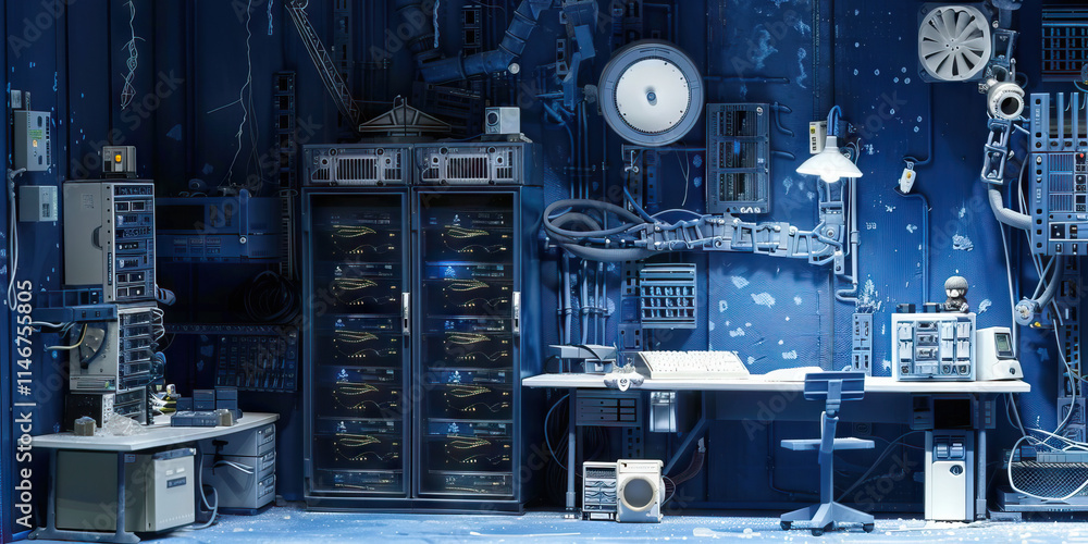 Poster diorama of a server room with computer equipment and network cabling