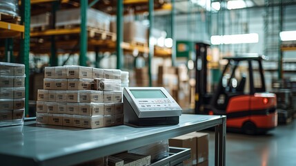 Fototapeta premium Industrial Warehouse with Weighing Scale and Stacked Packages, Forklift in Background, Focus on Logistics and Inventory Management Procedures