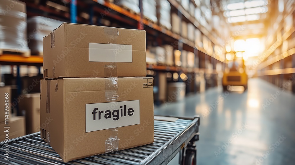 Poster stacked cardboard boxes marked fragile on a metallic trolley in a warehouse with shelves filled with