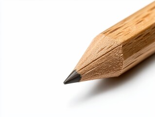 A close-up image of a sharpened wooden pencil, showcasing its natural texture and pointed graphite tip against a clean white background.