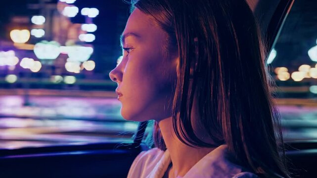 Reflective moments of a woman in a moving car through a vibrant city at night