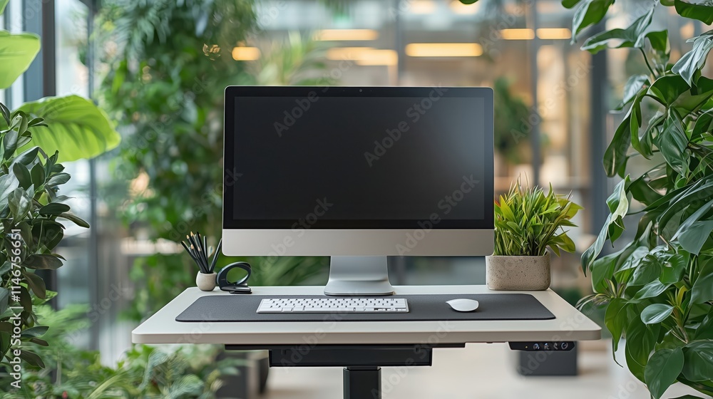 Poster modern workspace with computer surrounded by green plants in bright, natural light creating a fresh 