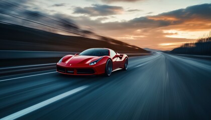 Stunning Red Sports Car Racing Down Highway Captured In Panning Shot With Motion Blur - An Eye-Catching Drive In Limelight