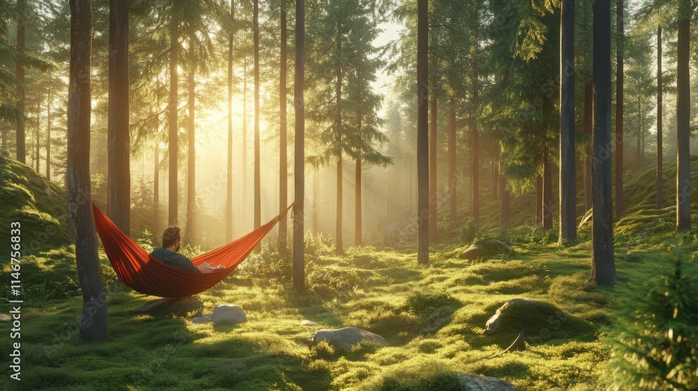 Poster serene escape in a sunlit forest with a person relaxing in a red hammock surrounded by lush greenery
