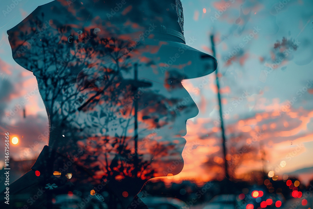 Poster a double exposure image showing a silhouette of a worker against a backdrop of city lights generativ