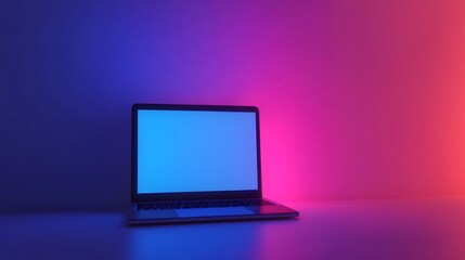 Laptop with blank screen illuminated by vibrant neon lights.