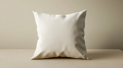 A simple, isolated white pillow resting on a smooth, light-colored table. The background is minimalistic with a soft hue, creating a calm atmosphere.