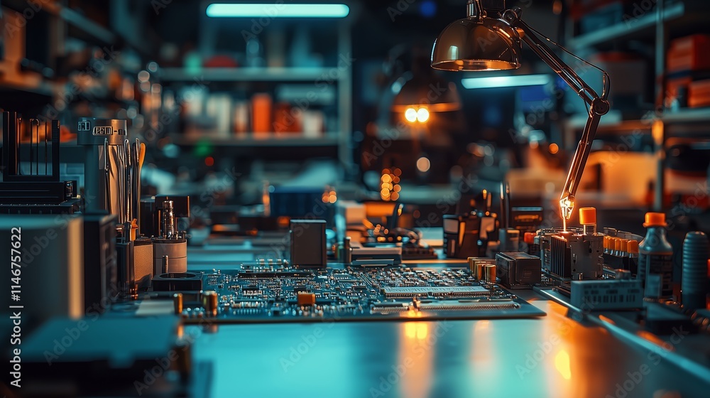 Poster close-up view of a high-tech electronics workshop featuring circuit boards and tools under warm ambi