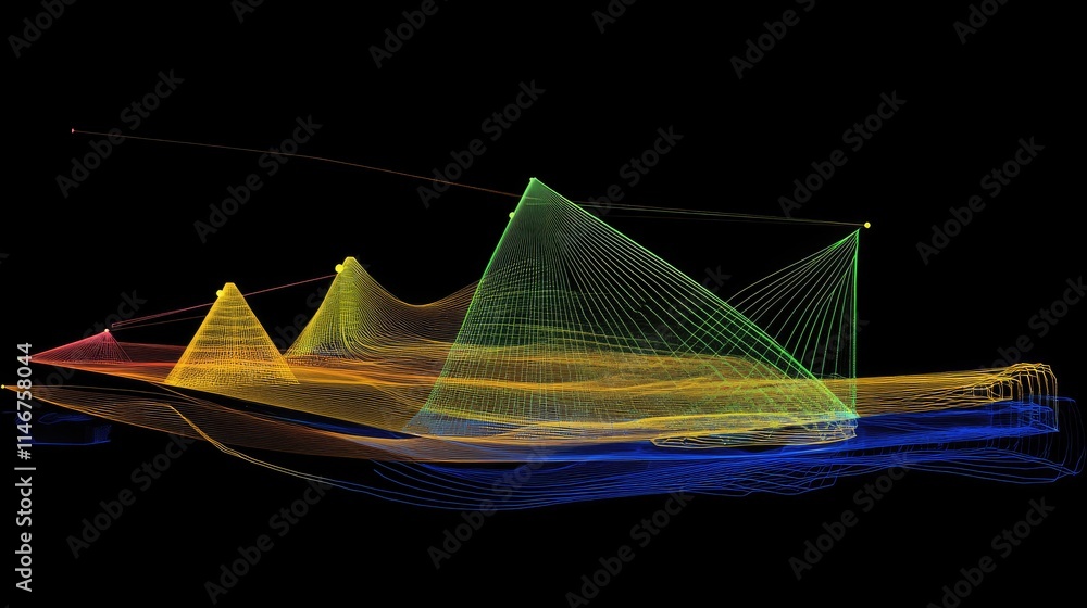 Poster bright neon lines intertwining with translucent 3d cubes and pyramids, evoking a futuristic digital 