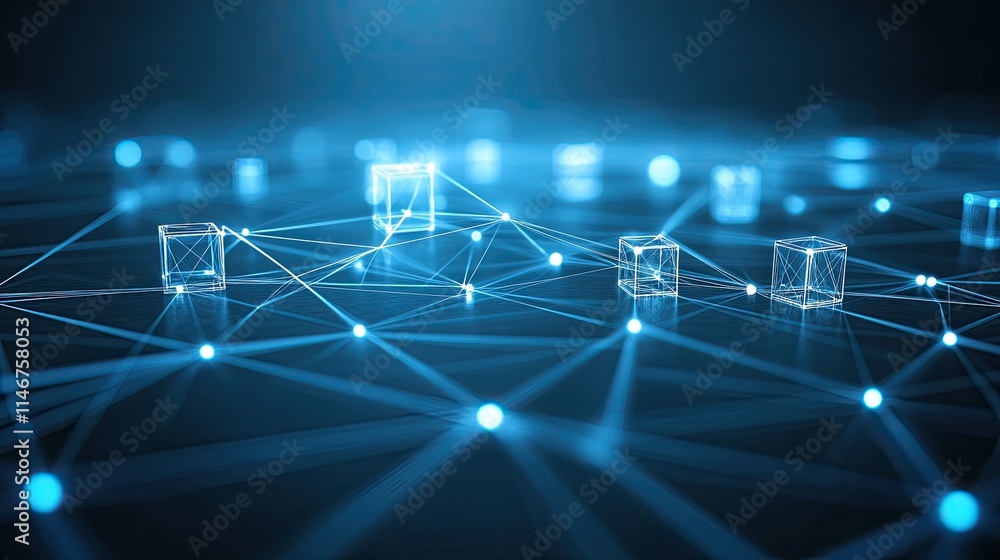 Poster bright neon lines intertwining with translucent 3d cubes and pyramids, evoking a futuristic digital 