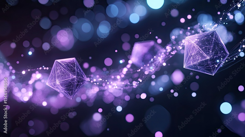Poster bright neon lines intertwining with translucent 3d cubes and pyramids, evoking a futuristic digital 