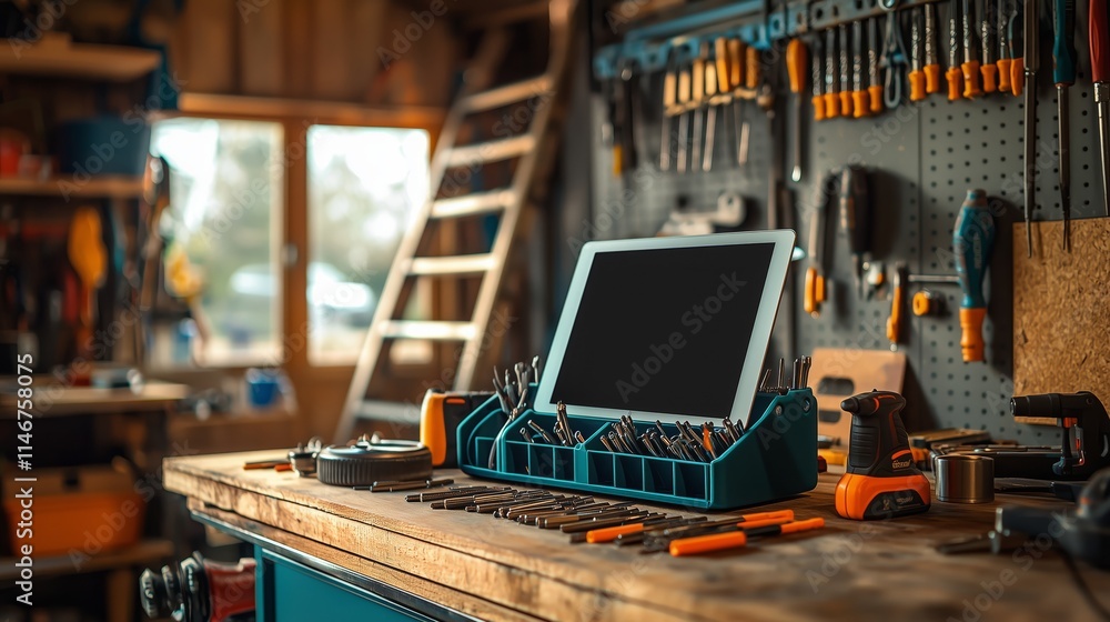 Poster modern workshop with organized tools and digital screen, featuring various hand tools and storage so