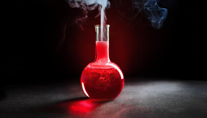 Glass flask with red liquid and smoke on dark background. Chemical laboratory.