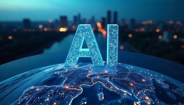 Glowing blue AI letters, futuristic city skyline, digital network connections, global technology concept, holographic sphere, data visualization, neon lights, cyberpunk aesthetic, evening cityscape,