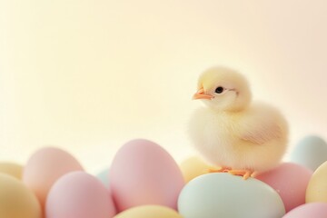 Yellow chick sitting among pastel eggs in a soft, serene setting during springtime celebration