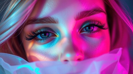 Enchanting Woman with Beautiful Eyelashes in Iridescent Color Scheme