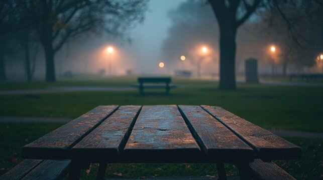 Misty park at dawn with a wooden picnic table surrounded by trees, enveloped in soft, atmospheric fog, capturing the serene stillness and tranquil beauty of early morning solitude. - Powered by Adobe