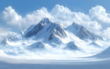 A breathtaking winter landscape featuring majestic snow-capped mountains under a clear blue sky, creating a serene and tranquil atmosphere.