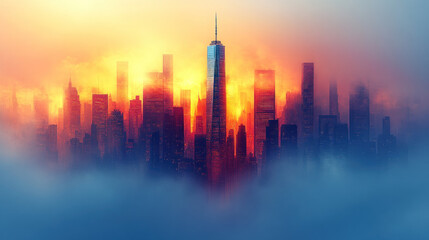 Fototapeta premium City skyline engulfed in dramatic sunset fog.
