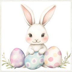 Obraz premium Cartoonish Bunny with Pastel Easter Eggs Surrounded by Green Sprigs on a Gentle Background
