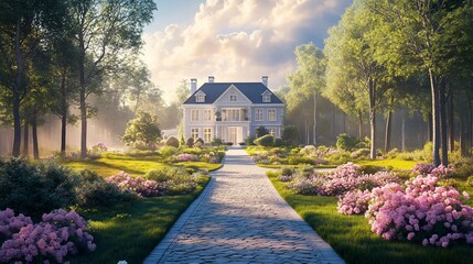 Fototapeta premium Elegant white house in a lush spring garden.