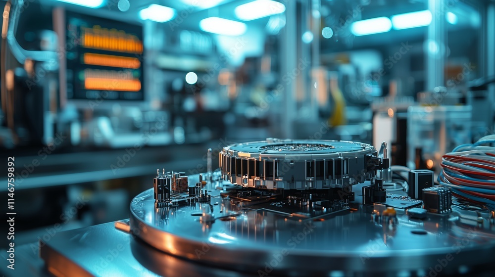 Poster close-up view of advanced technology components in a modern laboratory setting with blue lighting an