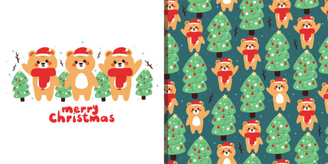 card and pattern cartoon bear with christmas tree, christmas vibes and winter stuff. cute cartoon for christmas card