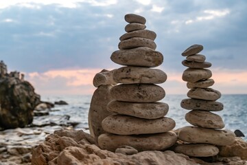Stone Cairns Beach Sunset - Two rock towers on a beach at sunset.