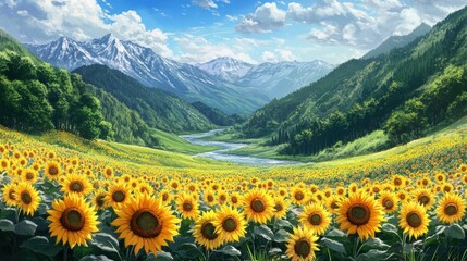sunflowers blooming in a mountain valley