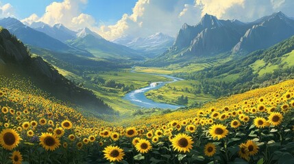 Fototapeta premium sunflowers blooming in a mountain valley landscape