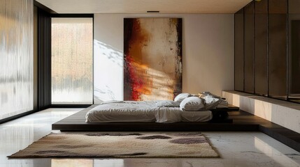 Modern Minimalist Bedroom with Large Windows and Artistic Wall Decoration Showcasing Natural Light and Serene Atmosphere in Contemporary Design