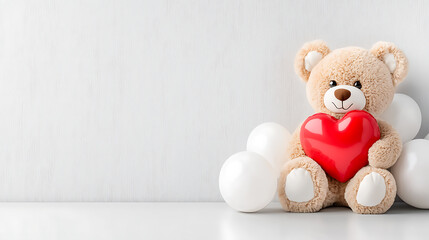 Fototapeta premium Adorable plush teddy bear holding heart cozy indoor setting photography soft lighting whimsical concept for love and care
