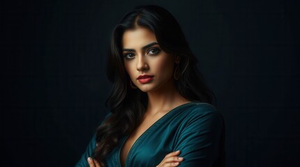 Elegant Pakistani Model in Teal Dress with Dramatic Lighting