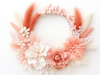 Obraz premium Beautifully Crafted Floral Wreath with Soft Peach and White Flowers, Ideal for Home Decor, Celebrations, and Seasonal Decorations