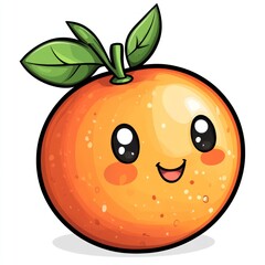 Fototapeta premium Cute cartoon orange with happy face and leaves.