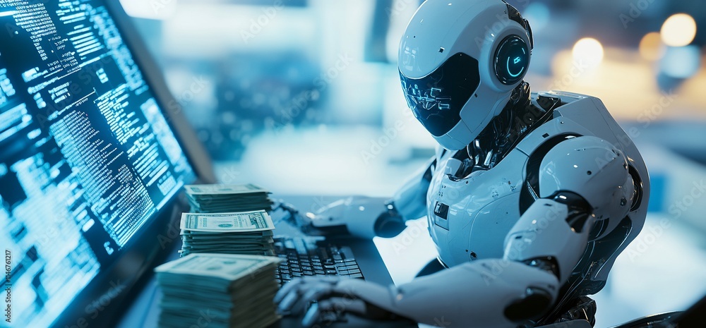 Poster a robot analyzing data while surrounded by stacks of cash.