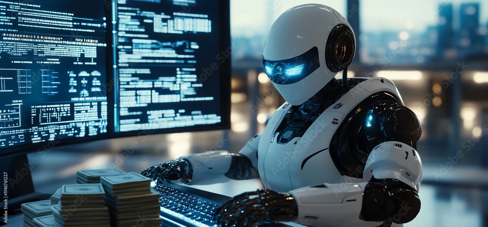 Aufkleber a robot working at a computer with stacks of money in a modern office setting.