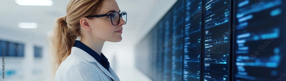 Aufkleber professional woman in lab coat analyzing data on multiple screens in modern laboratory environment, 