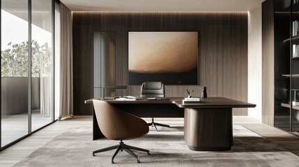 Modern Elegant Office Interior with Large Desk, Stylish Chair, and Contemporary Wall Art in a Bright, Minimalist Design Space bathed in Natural Light