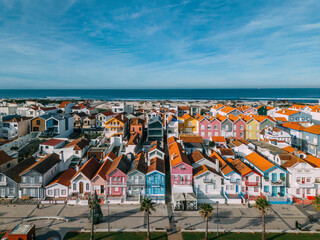 Colourful houses along Costa Nova do Prado beach, Portugal