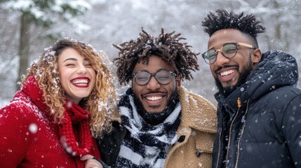 Happy diverse friends laughing in snowy winter.