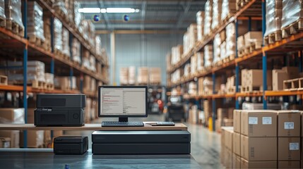 Modern Warehouse Interior Featuring Computer Workstation, Printer, and Shelving Units with Cardboard Boxes Amidst Organized Inventory and Efficient Logistics Setup