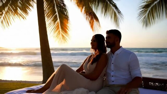 A honeymoon couple relaxing and enjoying the evening light during a tropical summer vacation